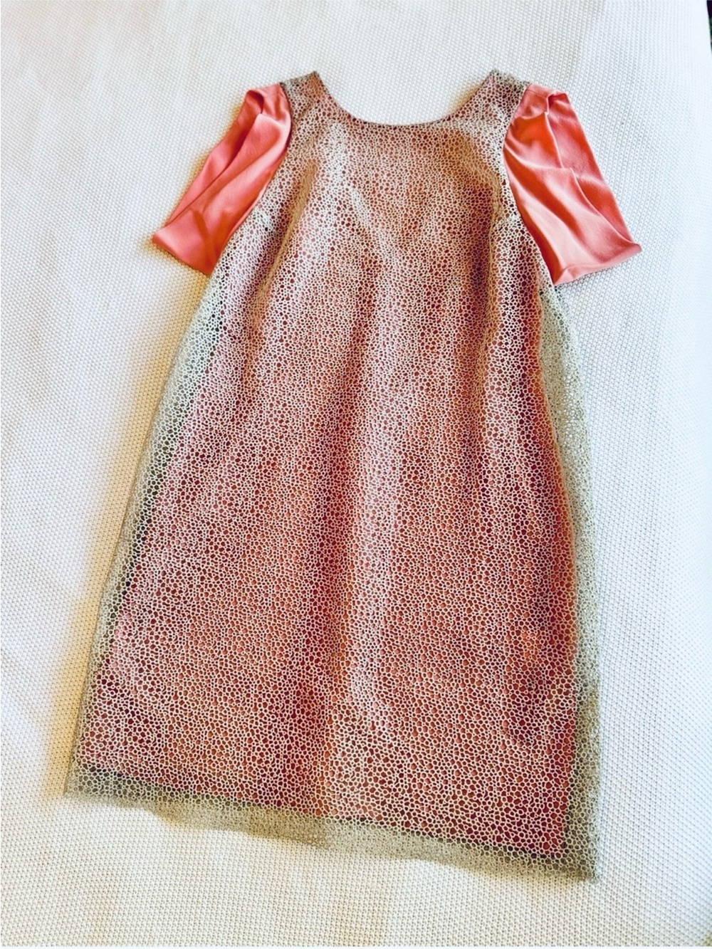 KITON Silk Lined Coral Pink w Silver Lace Overlay Midi Shift Cocktail Dress
